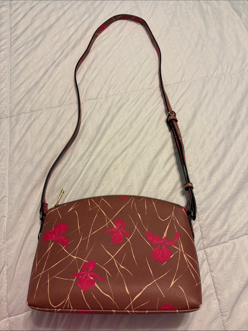 a new day Brown Crossbody Bag with Pink Iris Floral design